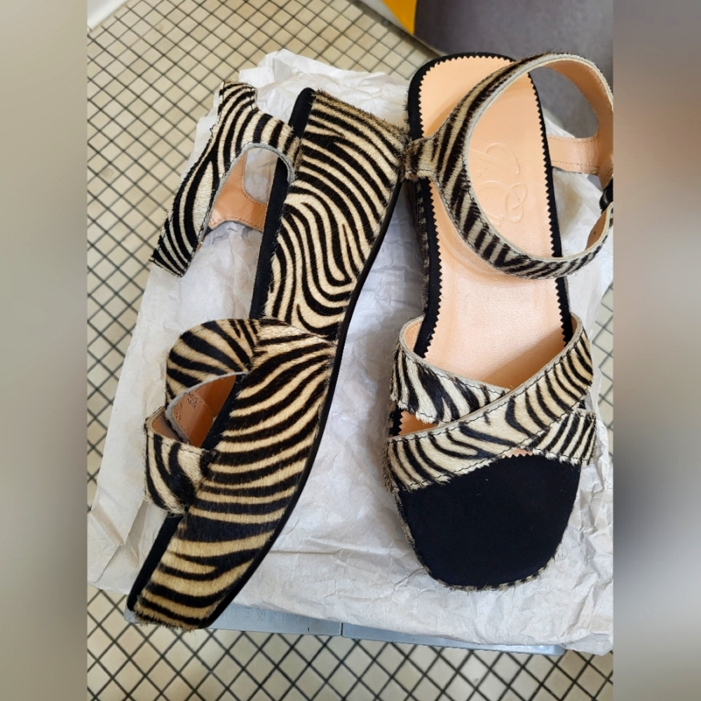 J. Crew Calf hair platform sandals in zebrastripe. Size 7.